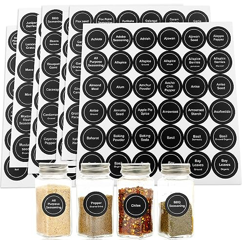 Spice Labels, 432Pcs Spice Labels Stickers 1.4in Waterproof Adhesive Round Preprinted Spice with Blank Label Black Tear Resistant Sticker for Kitchen Jars Caps Food Containers Spice Organizers