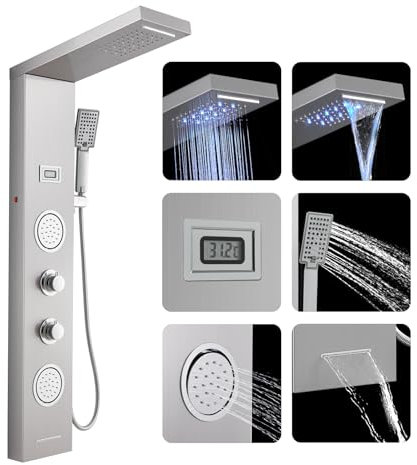 ROVOGO LED Colonne Panneau de Douche Hydromassante avec Robinetterie et Affichage, 5 Modes - Douche de Cascade, Pluie, Douchette, Jets de Massage, Bec de Baignoire, Brossé Acier Inox, Montage Mural