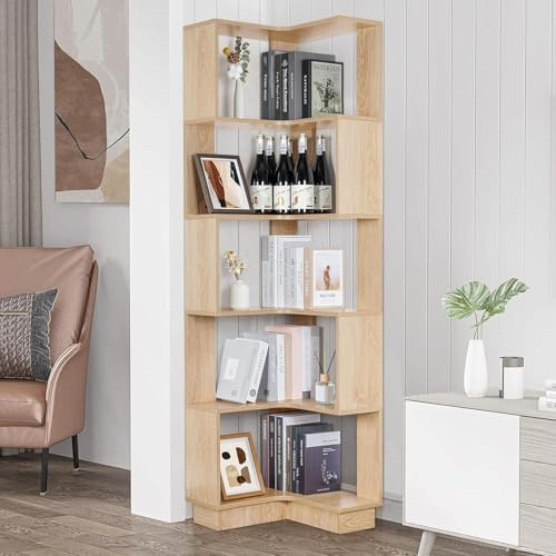 Nisorpa Bibliothèque d'angle à 5 niveaux sur pied, étagère d'angle haute en bois, vitrine pour salon, chambre à coucher, bureau