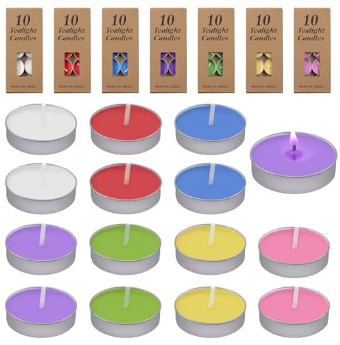 Swpeet Lot de 70 bougies chauffe-plat, 7 couleurs, 3,5 cm, sans scented - Paraffine longue durée - Bougies votives pour mariage, fête, anniversaire, décoration d'intérieur