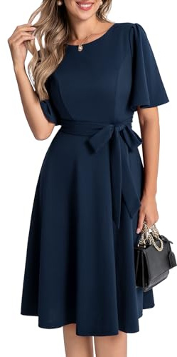 Bbonlinedress Robe de Soirée Noël Femme Chic et Elegant Midi pour Cocktail Mariage Bal Promo Col Ronde Manches Courtes avec Ceinture Bleu Marine 2XL