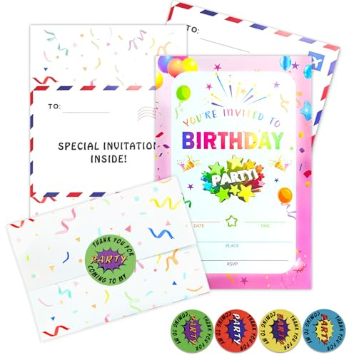 20 invitaciones de fiesta de cumpleaños para niños, tarjetas de invitación de fiesta de niños, invitaciones de fiesta de cumpleaños personalizadas para niñas, con diseño de sobre plegable y
