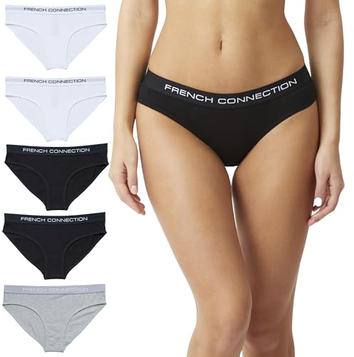 French Connection Women’s Multipack Briefs - 5 Pack - Black/White/Grey - Medium