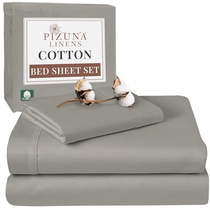 Pizuna 100% Cotton Single Bed Sheet Set Ash Grey 400 Thread Count | 400 Thead Count Long Staple Cotton Bedding, 180x280 cm, Soft Sateen 3 Pc - Fitted Sheet & 1 Pillowcase