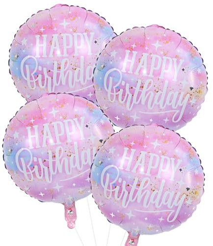 18 Inch Happy Birthday Foil Balloons, 4Pcs Pastel Pink Purple Blue Cloud Helium Mylar Round Birthday Balloons with Stars for Teen Girl Women Outer Space Starry Galaxy Baby Shower Party Decorations
