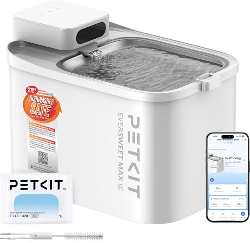 PETKIT EVERSWEET MAX 2 Fuente para Gatos sin Cable, Resistente al Calor, con Sensor de Movimiento, 5000mAh Batería Recargable, Control de App, 3L Bebedero Gatos Automático, Acero Inoxidable