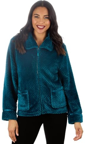 Ladies Bed Jacket Super Soft Waffle Fleece Long Sleeve Womens Zip Up Pockets Luxury Loungewear Nightwear (TEAL, 10-12)