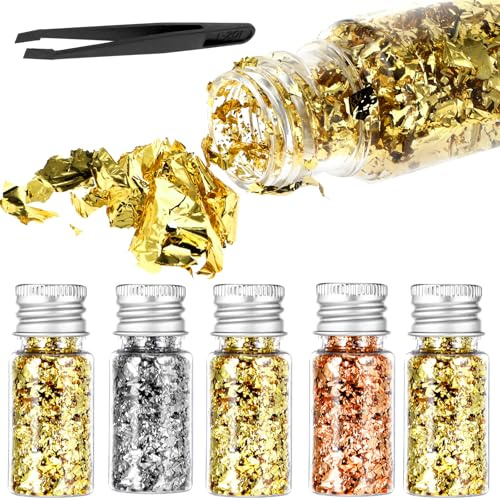 PEOVLVN 5 stycken bladguld med pincett guldfolie flingor guldfolie papper | Imitationsblad guld dekoration dekorativa folier för guldplätering målning kök hantverk naglar och gör-det-själv, 3 färger