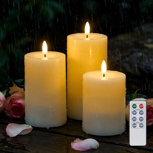 Rhytsing 3 Candele a LED da esterno IP44 con telecomando, candele resistenti all'acqua con timer per festa, giardino, balcone e patio, H 10/12,5/15 cm