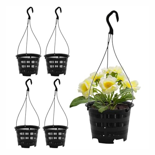 Lot de 5 pots de fleurs suspendus en maille respirante pour orchidées et plantes d'intérieur – Lot de 5 pots en plastique noir avec crochets robustes, pour balcon, terrasse et utilisation en intérieur