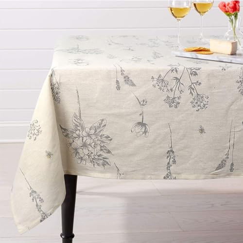 ColorBird Spring Floral Beige Cotton Linen Rectangle Tablecloth Rustic Garden Natural Decorative Table Cover for Kitchen Dining Summer Picnic Indoor (Rectangle/Oblong, 55 x 102 Inch, Linen)