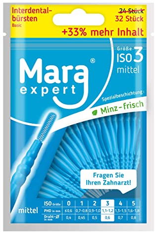 Lot de 32 brosses interdentaires bleues 1,1-1,2 mm Basic de Mara | ISO 3 moyen | 33% plus | Brosses interdentaires bleues | Brosse interdentaire idéale | Avec goût menthe | 3 pièces (bleu, 3)