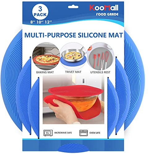 KooMall 12 10 8 Inch Multi-use Microwave Mat, Trivet, Pot Holders, Drying, Baking, Place Mat, Utensils Rest, Silicone Cover Pad for Hot Pot Pans Bowls Plates Dishes Kitchen Counter,Heat Resistant,Blue