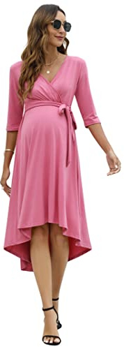 KOJOOIN mammaklänning för kvinnor, festlig amningsklänning V-ringad, 3/4 ärmar, graviditetsklänning med midjebälte (återanvändbar förpackning), Rosa (3/4 ärmar), XL