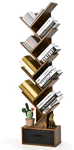 COSTWAY Tree Bookshelf, 10-Tiers Floor Standing Wooden Bookcase Storage Shelving Unit, Narrow Magazine Book Display Rack for Living Room, Bedroom and Office (Rustic Brown, with Drawer)