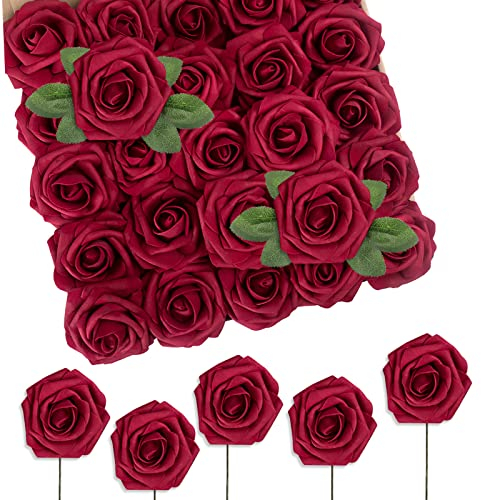 N&T NIETING Faux Roses Fleurs, 50 Fleurs DéCoratives avec Tige Faux Roses Bricolage Mariage Bouquet MariéE DéCoration De Maison, Rouge Foncé