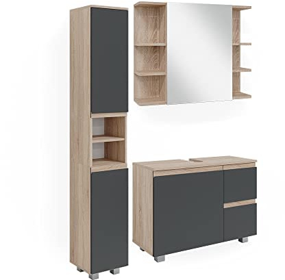 Vicco Ensemble de Meubles de Salle de Bain J-Shape, Sonoma/Anthracite, 3 pièces, avec Armoire Haute