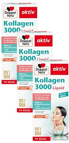 Doppelherz Kollagen 3000 Liquid - Haut + Bindegewebe - Mit Vitamin A, Zink und Biotin als Beitrag zur Erhaltung normaler Haut – 14 Portionsbeutel (Packung mit 3)