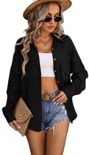 LEKOPUR Musselin Bluse Damen Langarm Damenblusen Elegant Sommer Longbluse Modern Blusenshirt Schwarze Hemd Blusen Oberteile V Ausschnitt Hemdbluse Tuniken