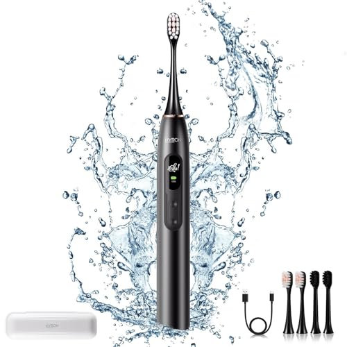 HYRON Pro Sonic - Black Electric Toothbrush - 4 Brushes - 5 Brushing Modes - 5 Intensity Settings - Rechargeable Battery, 4 Months Battery Life - Built-in 2min Timer - IPX7 Waterproof