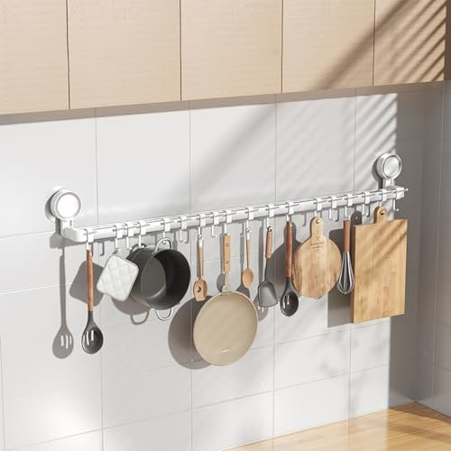 Köksredskapshållare, Köksredskapshållare Sugkopp Väggmonterad köksredskapsställ for upphängning av kastruller och kastruller Förvaring Spatel Sked Stångshängare(With 18 Hooks 90cm)