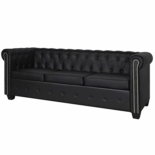 IKAYAA Sofá Chesterfield 3 Plazas con Respaldo Sofá de Salon de Cuero Sintético Sofá Chaise Longue Moderno para Salon Oficina Negro