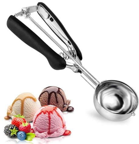 Porzionatore per Gelato - Cucchiaio Gelato 5cm - Acciaio Inox - Con Espulsore e Manico Ergonomico - Per Gelato, Impasto, Frutta (Nero)