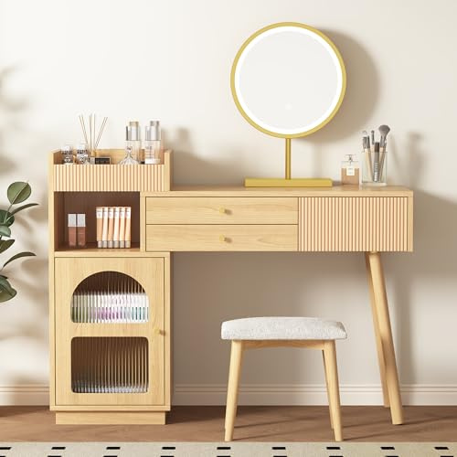 Tavolo da toeletta professionale con illuminazione a LED a 3 colori, tavolo cosmetico in legno con specchio e cassetti, elegante soluzione di archiviazione per camera da letto (120 x 90 x 40 cm)
