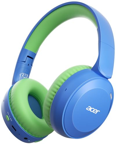 Acer Kids Bluetooth Headphones, 85/94dB Volume Limiter, Foldable Wireless Over-Ear Headphones for iPad, Travel, 60H Playtime, Bluetooth 6.0, Built-in Mic, Blue Green