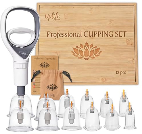Uplife Juego de 12 vasos de ventosas de policarbonato de alta calidad – Juego completo de ventosas con bomba de vacío para terapia de ventosas y cupping – Incluye caja de regalo de bambú para masaje y