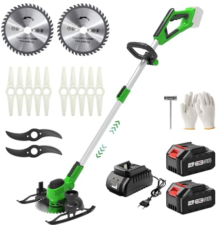 Desbrozadora Bateria 21V, Desbrozadora Electrica con 2x3.0Ah Baterías y Cargador, 3 En 1 Cortabordes Bateria con Mango para Césped, Arbustos y Maleza (Verde)