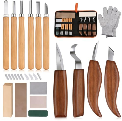 XPJBKC Wood Carving Kit, 17PCS Wood Whittling Kit with Chisel Set, Basswood Blocks, Storage Bag, Woodworking Set, Gift for Beginners, DIY Lovers, Adults Kids