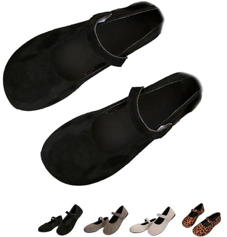 Ballerines orthopédiques Mary Jane en daim pour femme, confortables à bout rond, coupe large, chaussures décontractées à enfiler avec sangle, Noir , 39.5 EU
