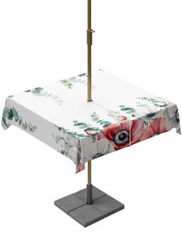 QueenKer Eucalyptus Leaves Opium Poppy Outdoor Tablecloth with Umbrella Hole and Zipper Spring Flower Plants Waterproof Square 60x60 Inch, Table Cloth Cover for Outside Picnic Patio BBQS Garden