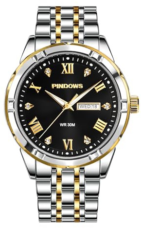 PINDOWS Herrenuhr Business Armbanduhr Klassisch Elegant – Quarz Uhr mit Edelstahlarmband, Wochentag & Datum, Wasserdicht bis 3 ATM (653N2: Bicolor Gold-Silber/Schwarz)