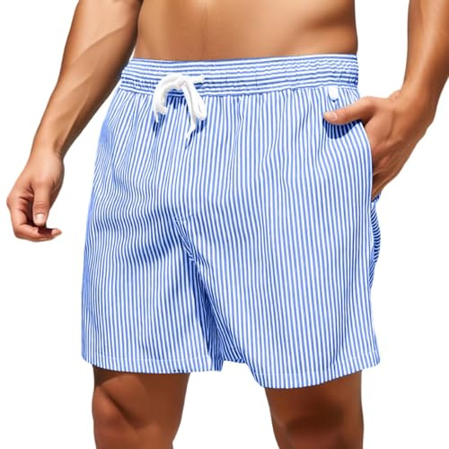 Generisch Short de bain rayé pour homme - Séchage rapide - Short de plage élastique - Avec doublure en maille - Cordon de serrage réglable et poches latérales
