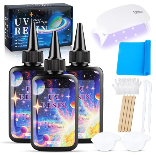 TOSUTO Resina UV Transparente 300g,Resina Epoxi Curado UV Ultravioleta Epóxido para Joyas,Artesanías,Accesorios de Arte de Uñas,Kit con Lámpara UV y Almohadilla de Silicona para Principiantes