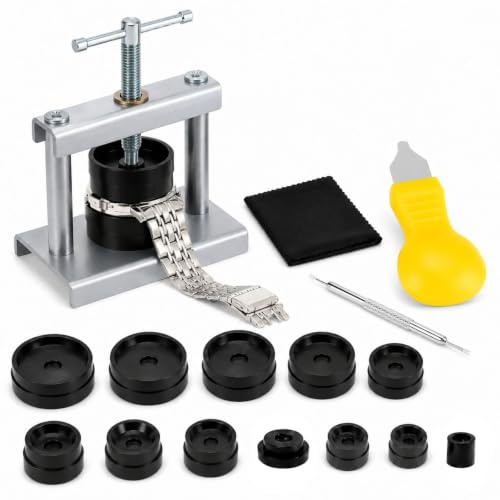 Watch Press Tool Set with 12 Dies, Watch Back Case Closer for Closing the Cover, 16-50mm Watch Press for Battery Changes, Watch Opener Remover, Repair Kit for Watches with Pry Tool and Cleaning Cloth