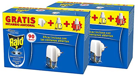 Raid ® Électrique liquide 90 nuits, Pack de 2 unités - Prise anti-moustiques communs et tigre avec applicateur et 2 recharges de 45 nuits