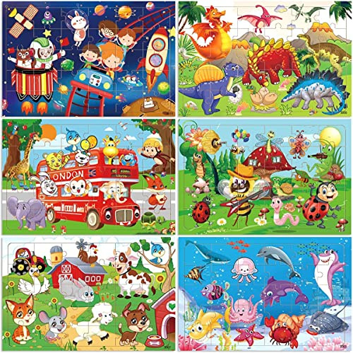 (6* Puzzle) Wooden Jigsaw puzzles for kids 3-6 Year Old 30 Piece Colorful Wooden Puzzles for Toddler Children Learning Educational Puzzles Toys for Boys and Girls Set for Kids 3 4 5 6 Year Old