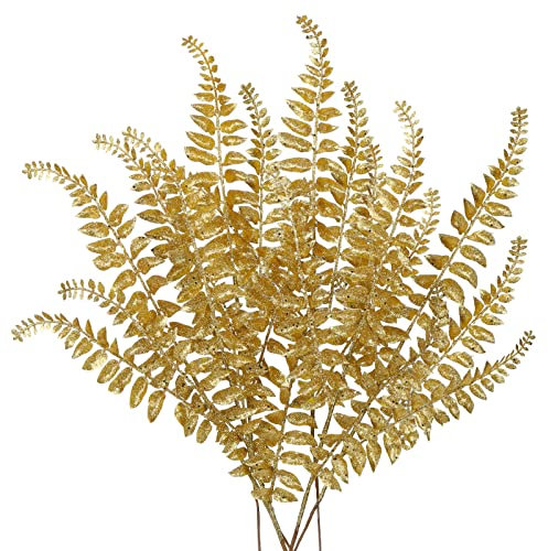 6PCS Christmas Glitter Leaves 63cm Artificial Boston Fern Gold Glitter Leaf Floral Picks Christmas Tree Decorations Artificial Leaves Stem for Xmas Tree Ornaments New Year Flower Arrangment
