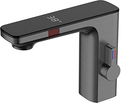 XJTNLB Robinet Infrarouge Lavabo Robinet Lave Main Eau Chaude et Froide, Robinets de Lavabo pour Salle de Bain Gris Canon