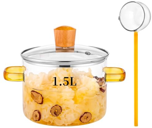 1.5L/51oz/6cups Glass Cooking Pot Glass Simmer Pot Quick Food Heating Saves Energy Heat Resistant 0 to 400 ℉ Oven Gas Electric Stove Safe for Pasta Soups Potpourri (Green Handle Glass Potpourri Pot)