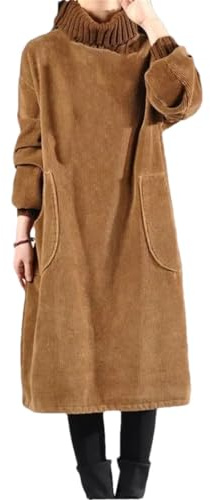 Tdvcpmkk Robe Longue en Velours Côtelé pour Femmes, Taille Pluk, Polaire Épaisse, Manches Longues, Col Haut, Chaude, Printemps Et Automne