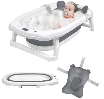 YARDIN 0-8 Jahre Alt Babywanne Faltbare Babybadewanne Badewanne Baby mit Babywannenmatte Babybadenetz, Sicher und Rutschfest Platzsparend Geeignet für Babys und Neugeborene Kinder (Anthrazit)