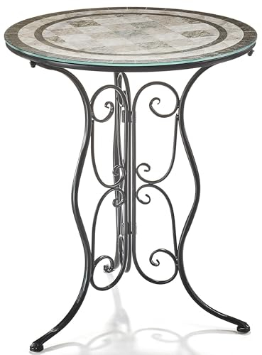 Kobolo Gartentisch Metalltisch Bistrotisch Tisch in Mosaikoptik - Metall mit Glasplatte - 60cm - schwarz