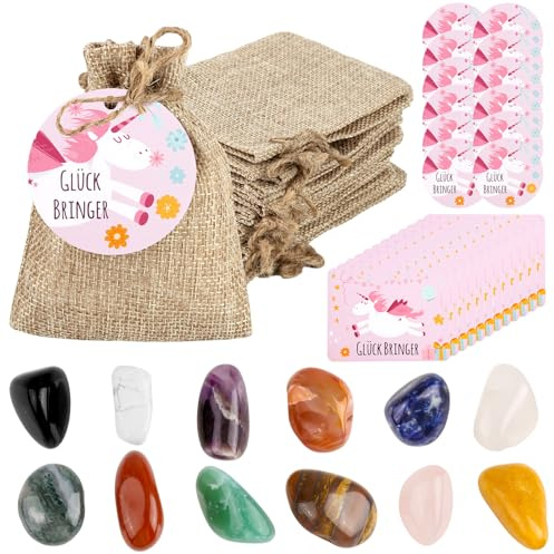 HOCUCHELAND 12 Set Pietre Portafortuna per Bambini, Pietre Portafortuna Colorate con Sacchetto di Luta e Biglietti D'auguri Glück Bringer, Pietre Magiche per Bomboniere Portafortuna per Bambini