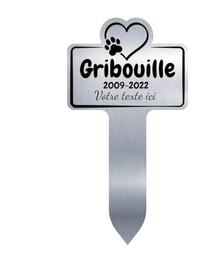 GRAVURE CONCEPT Plaque Funéraire pour Animaux - Stèle Commémorative Personnalisable PVC (Chien/Chat etc) - (Modèle 1 / Gris Alu Brillant Texte Noir)