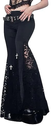 XKBHYD Pantalon gothique punk grunge à jambe large vintage taille haute en dentelle patchwork Y2K Emo Alt Harajuku