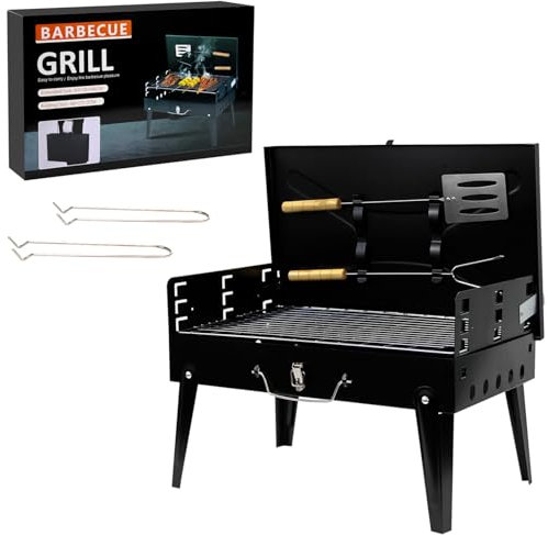 Crystals Portable BBQ Grill – Folding Charcoal Stainless Steel Barbecue Grill with Tool Set, Lightweight and Durable Travel BBQ for Camping, Garden, Picnic, & Outdoor Cooking – Compact Design – Black